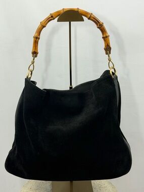 Vintage Gucci 001 3739 Black Suede Bamboo Hobo Shoulder Bag